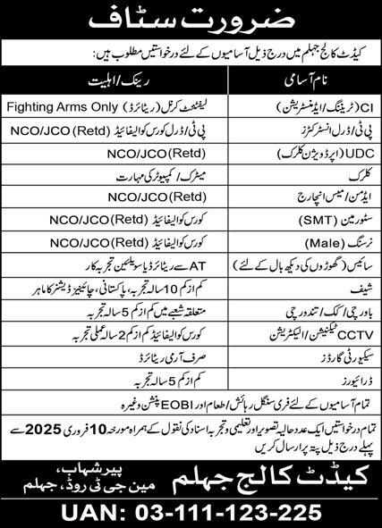 Cadet College Jhelum New Jobs 2025 for Non Teaching Staff