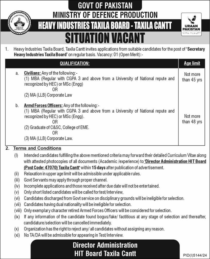 Ministry of Defence Production HIT Taxila Jobs 2025