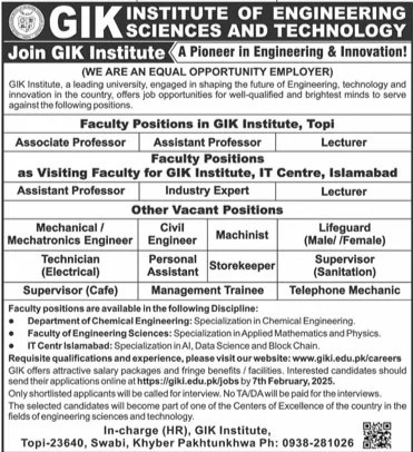 GIKI University Jobs 2025 for Teaching Staff