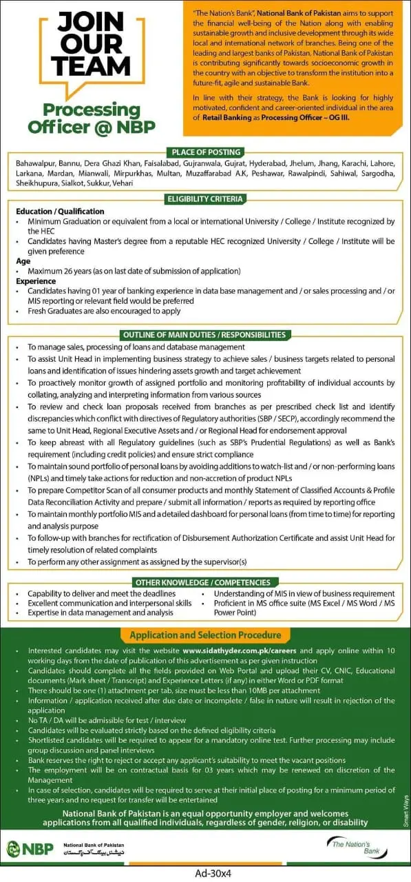 NBP Jobs 2025 for Processing Officer Advertisement