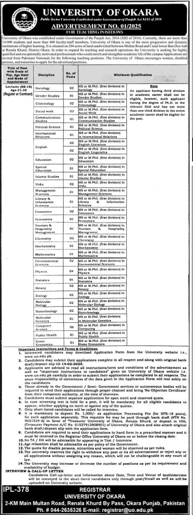 University of Okara Lecturer Jobs 2025