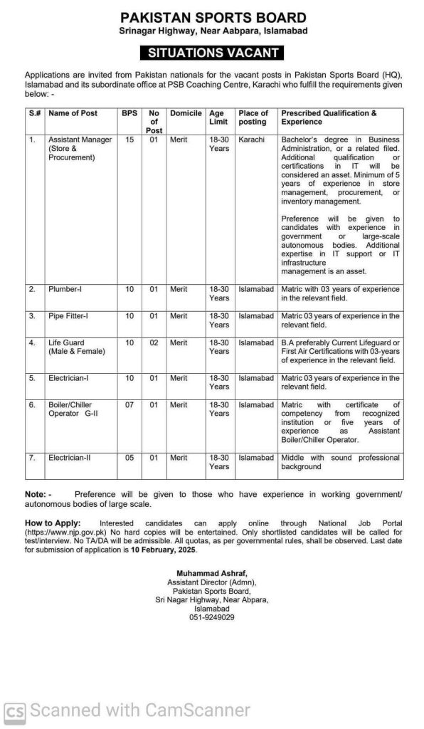 Pakistan Sports Board NJP Portal Jobs 2025