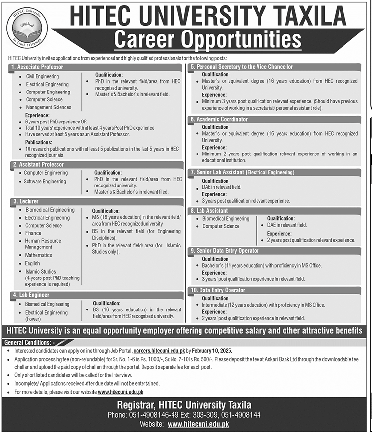 Hitec University Taxila Teaching and Staff Jobs 2025