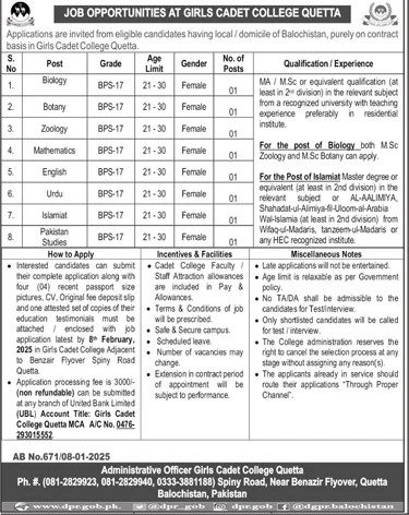 Girls Cadet College Quetta Teaching Jobs 2025 