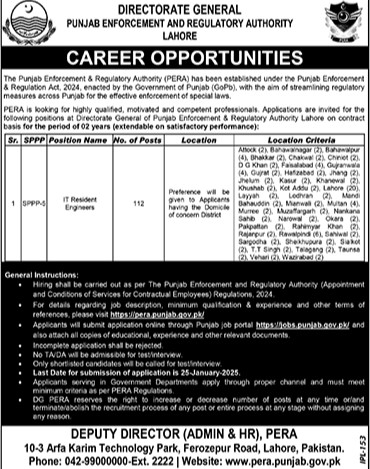 PERA Punjab Lahore IT Engineer Jobs 2025