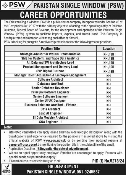 Pakistan Single Window PSW Jobs 2025